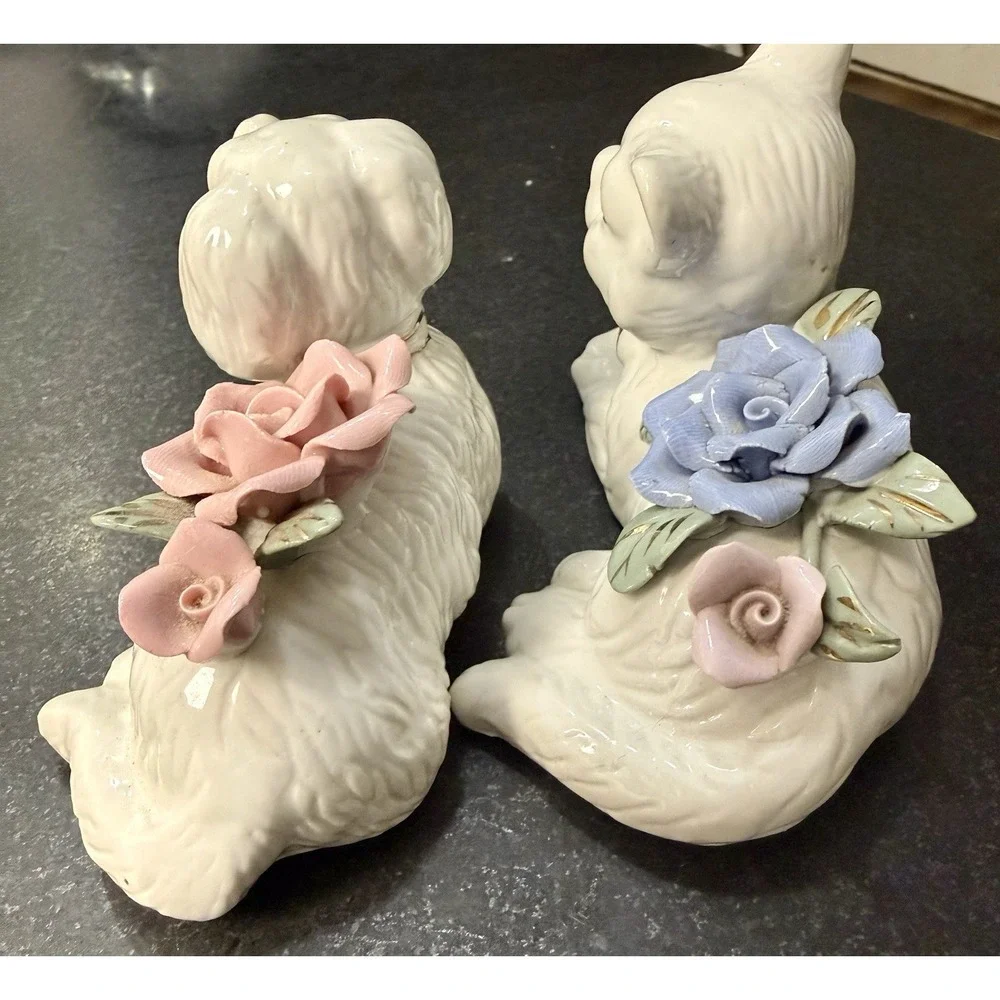 Vintage Cat & Dog Ceramic Figurines Pair Applied Roses Mid Century Japan